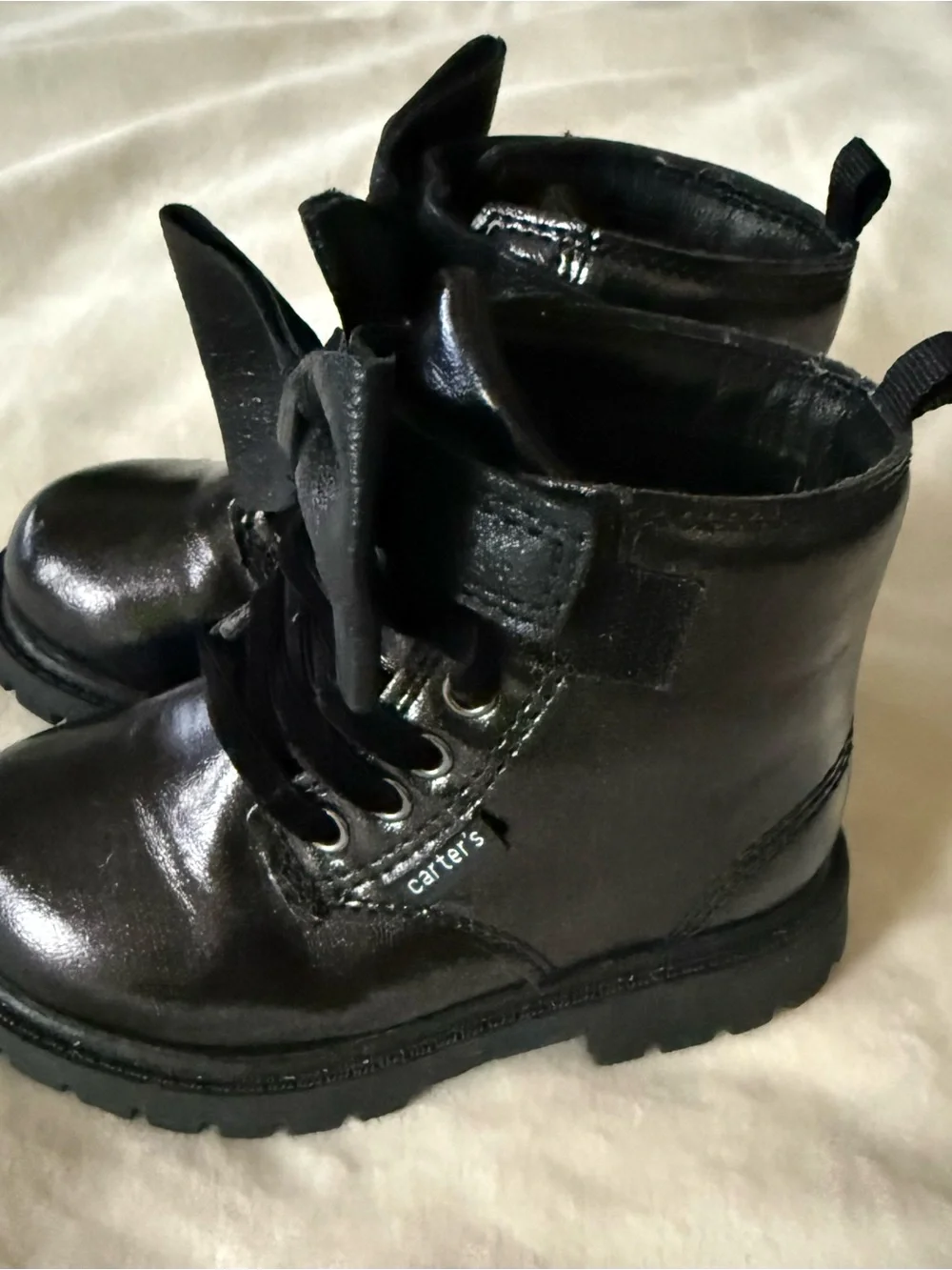 Carters Girls Black CombatBoots with Bow Hook and Loop Closure and Velvet Laces